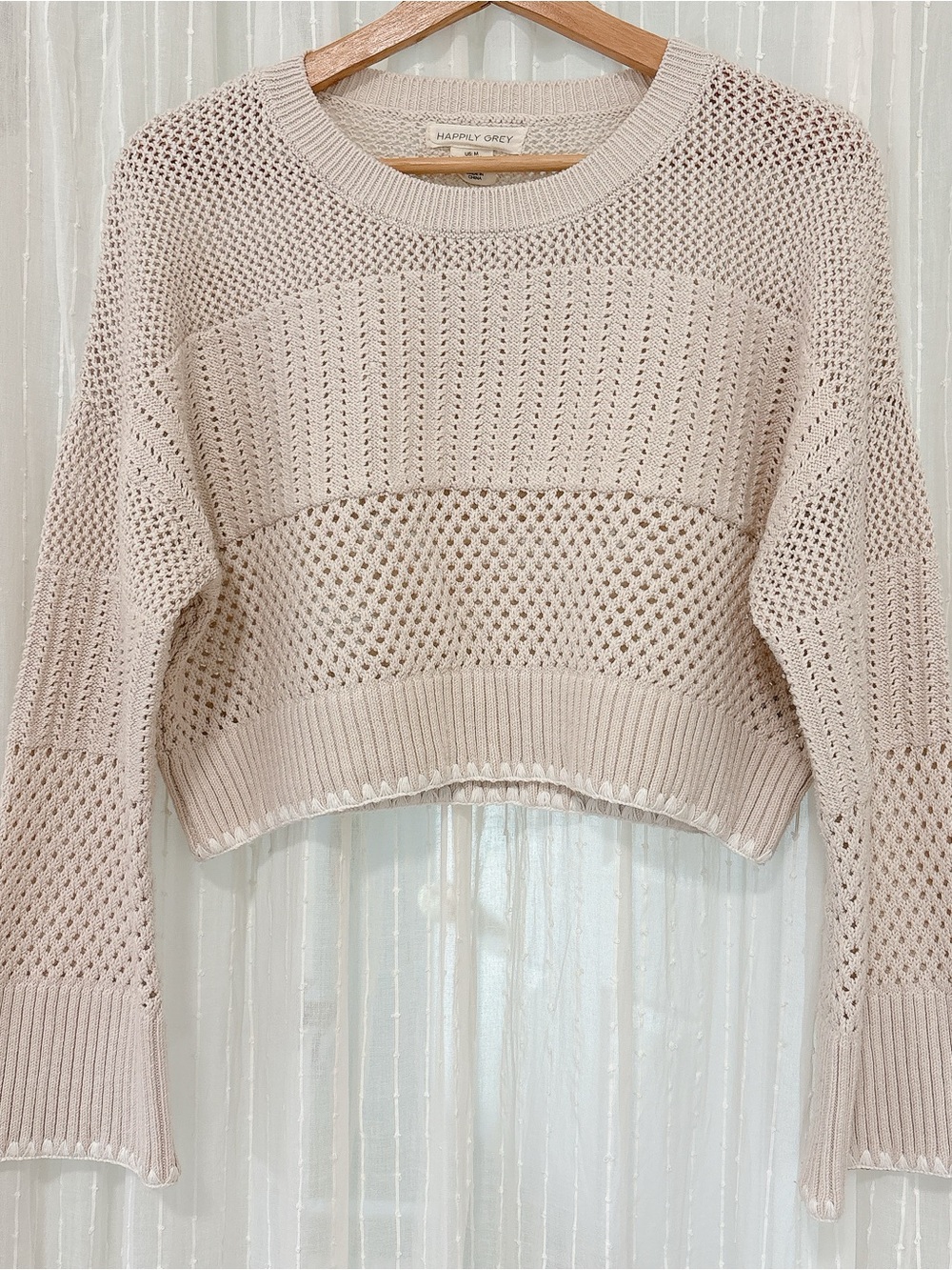 Happily Grey Women's Scoop-Neck Open-Knit Sweater in Soft Beige